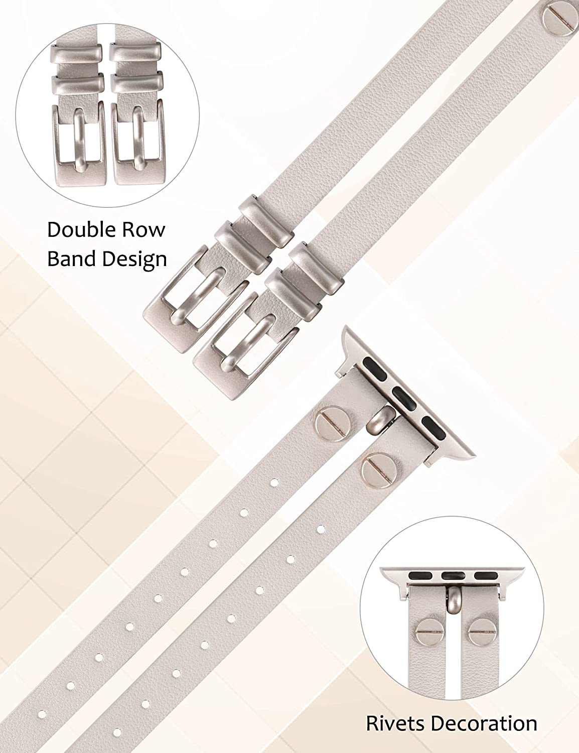 Wearlizer Leather Bands Compatible with Apple Watch Band 38mm 40mm 41mm 42mm 44mm 45mm 49mm(Ultra) Women, Double-Row Design with Rivets Decoration Stylish Strap for iWatch Series 8 SE 7 6 5 4 3 2 1 - Image 2